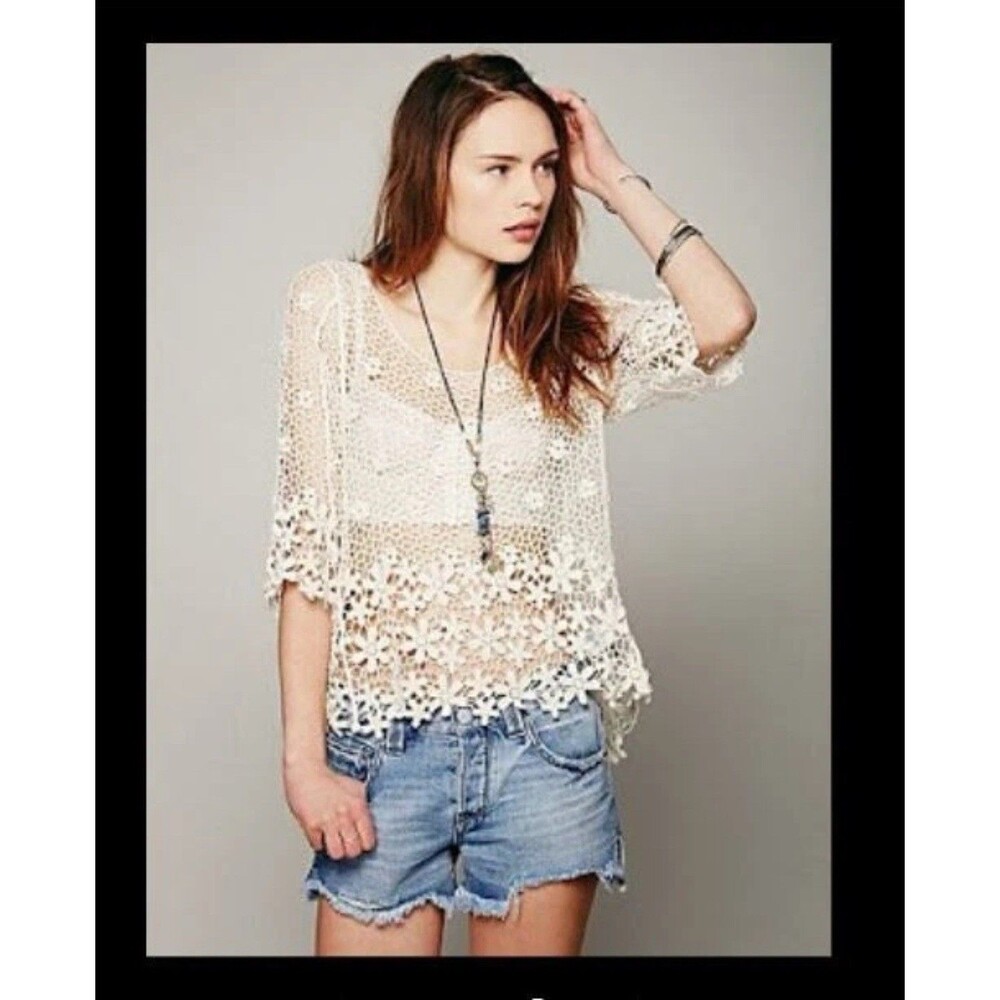 Flower Crochet Top‎ Womens OSFM Ivory 3/4 Sleeve Boho Festival Fairy Beach Party